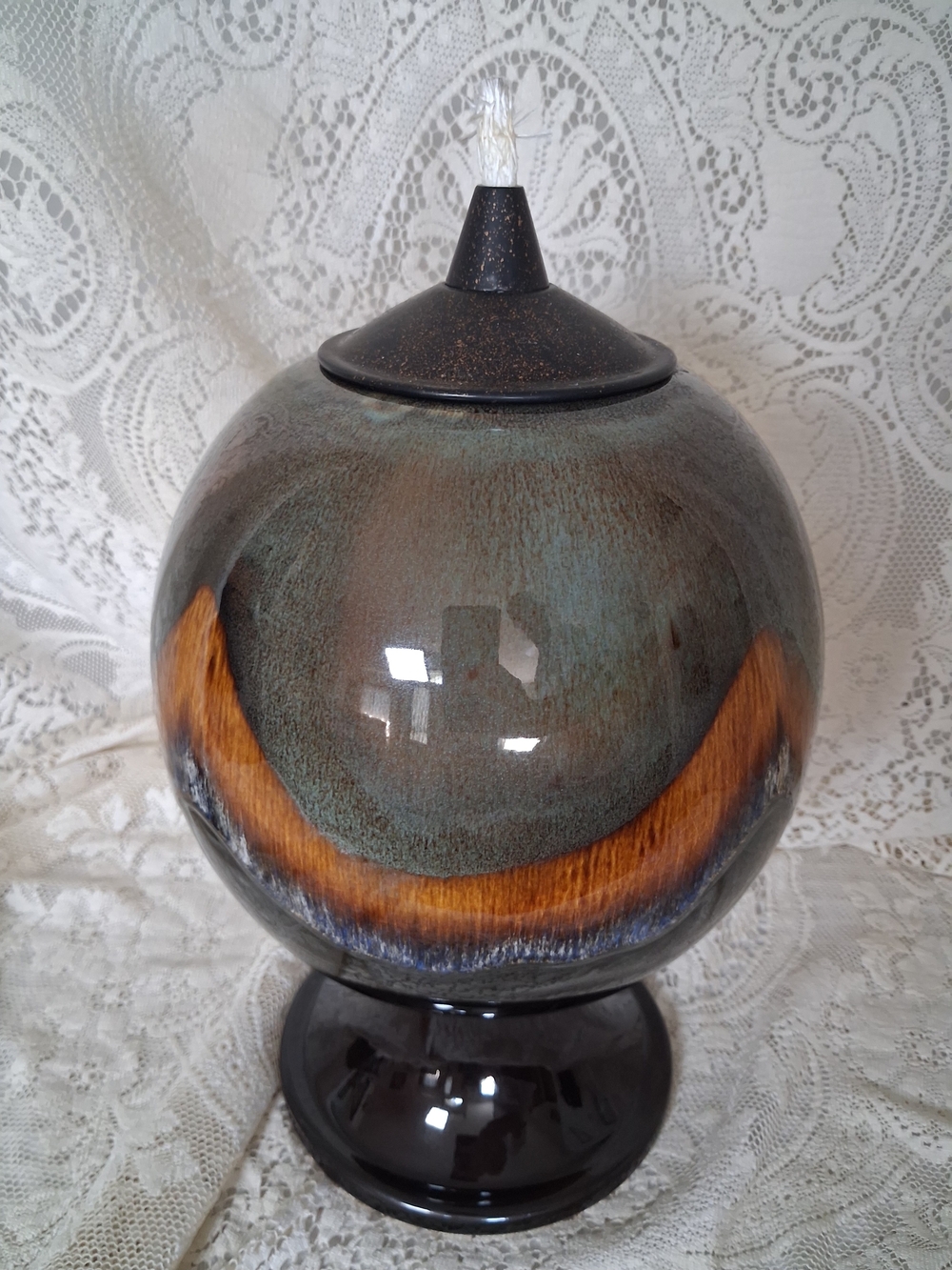 Vintage MCM Spherical Ceramic Drip Glaze Pedestal Oil Lamp New Old Stock